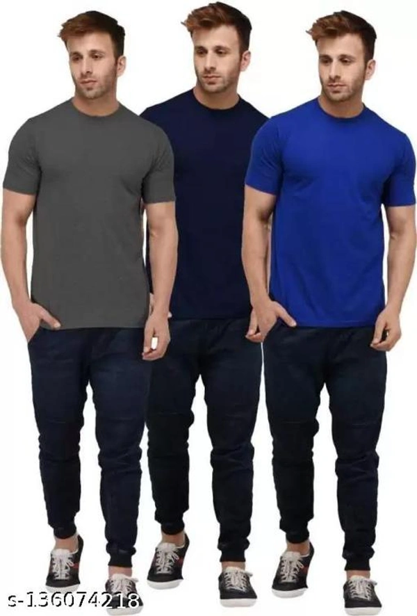 Pack of 3- Plain Mens Polycotton Tshirts-RD-GR-NB1002 - Grey Nevyblue Blue, 5XL 