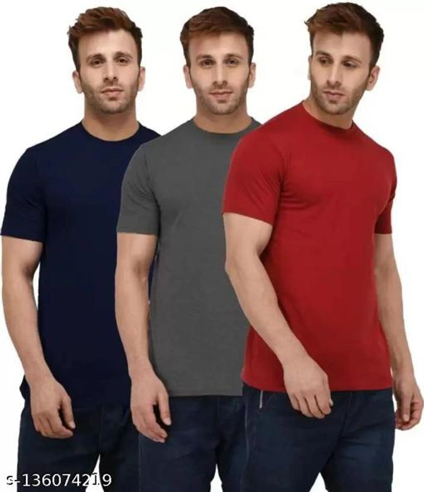 Pack of 3- Plain Mens Polycotton Tshirts-NB-DGR-RBL1002 - Blue Grey Red, L 
