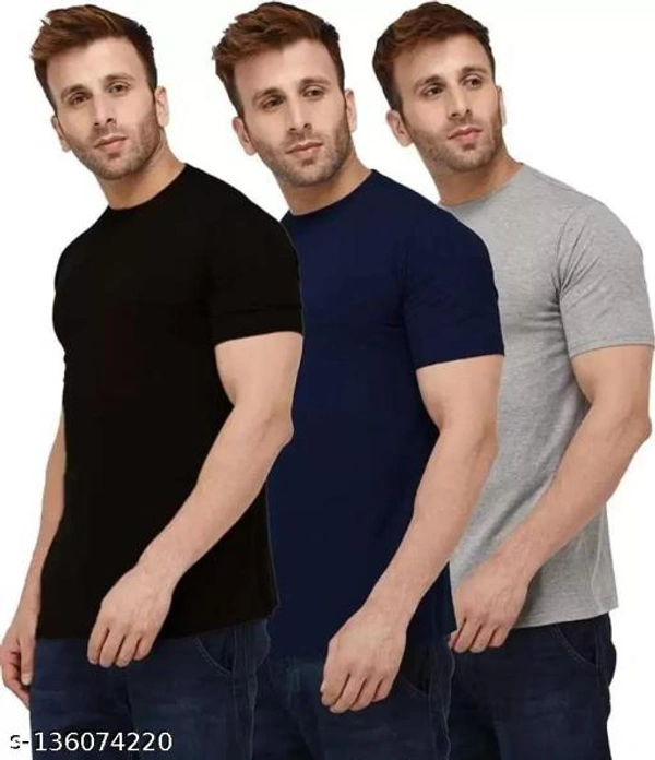 Pack of 3- Plain Mens Polycotton Tshirts-NB-DGR-RD1002 - Grey Blue Black, M 