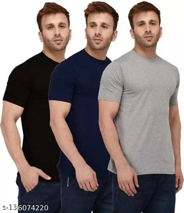 Pack of 3- Plain Mens Polycotton Tshirts-NB-DGR-RD1002 - Grey Blue Black, L 
