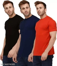 Pack of 3- Plain Mens Polycotton Tshirts-B-NB-RD1002 - Blue Red Black, XXL 