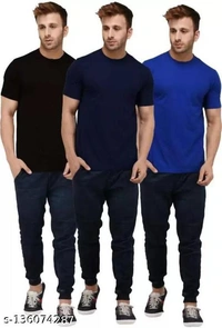 Pack of 3- Plain Mens Polycotton Tshirts-B-NB-RBL1002 - Black Nevyblue Blue, 6XL 