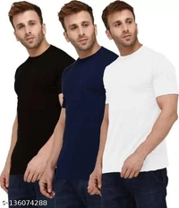 Pack of 3- Plain Mens Polycotton Tshirts-B-NB-LGR1002 - Blue White Black, XXL 