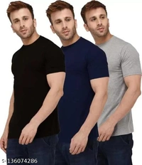 Pack of 3- Plain Mens Polycotton Tshirts-B-NB-WH1002 - Grey Blue Black, L 