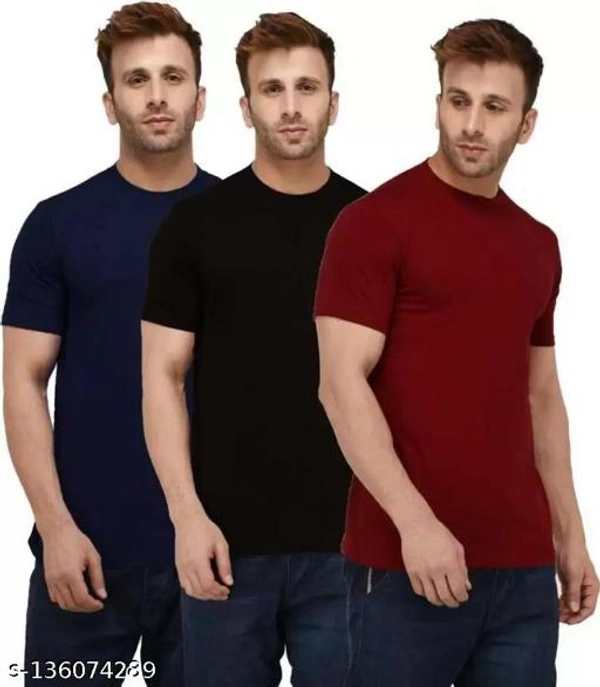 Pack of 3- Plain Mens Polycotton Tshirts-B-NB-LGR1002 - Blue Black Maroon, XXL 
