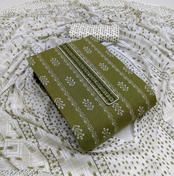 Unstitched Cambric Cotton Salwar Suit Material Printed - Olive, Un Stitched