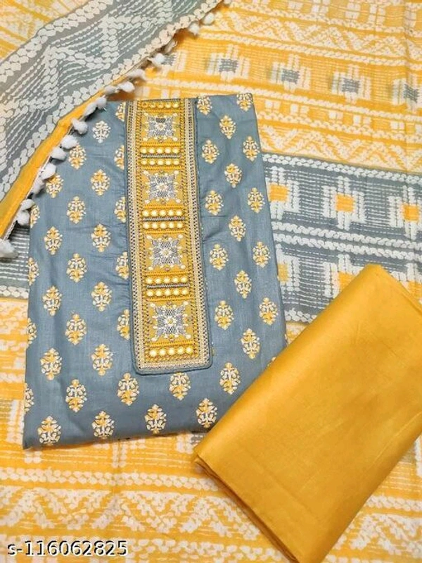 Shimti Trendy Embroidered Printed Cotton Suit Salwar with Cotton Printed Dupatta - Yellow, Un Stitched