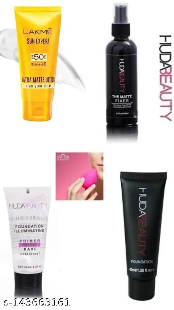 combo of lakme sun expert lotion with primer, fixer, foundation and puff blender ( 5 items combo pack) - Free Size