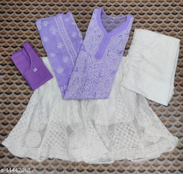 Women's Georgette Straight Chikankari Kurti With Sharara & Dupatta - Purple, M