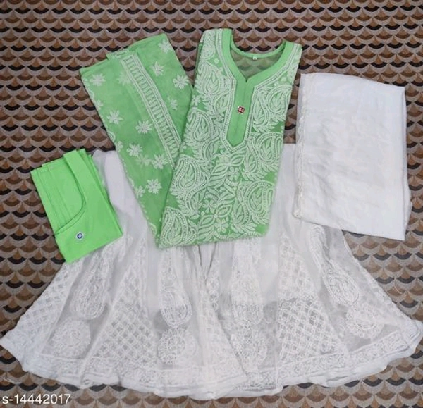 Women's Georgette Straight Chikankari Kurti With Sharara & Dupatta - light Green, M