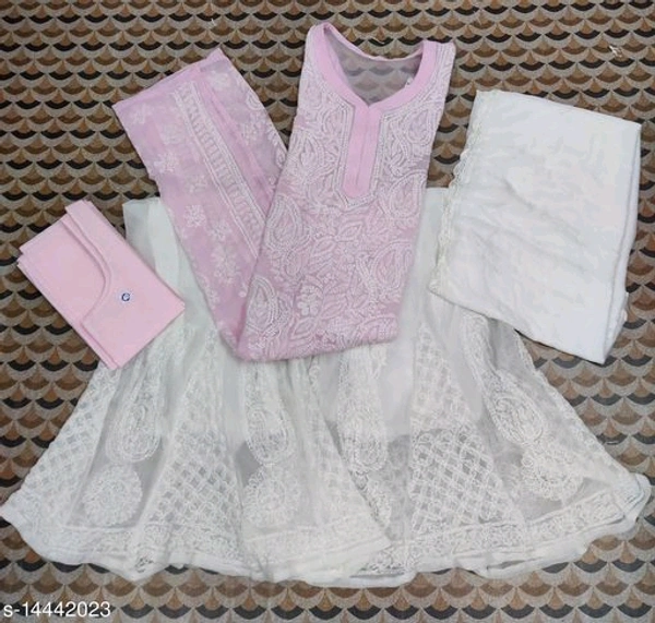Women's Georgette Straight Chikankari Kurti With Sharara & Dupatta - Baby Pink, L