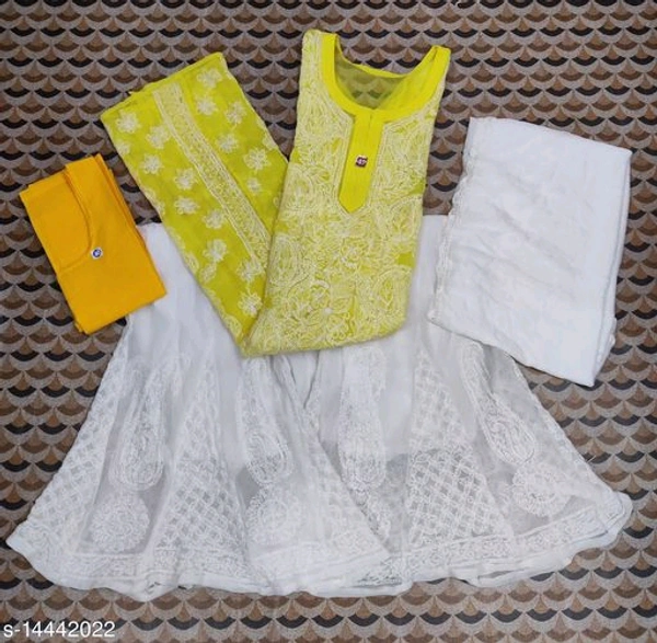 Women's Georgette Straight Chikankari Kurti With Sharara & Dupatta - Yellow, L
