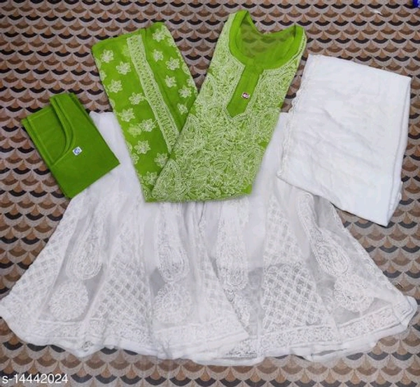 Women's Georgette Straight Chikankari Kurti With Sharara & Dupatta - Parrot Green, XXL