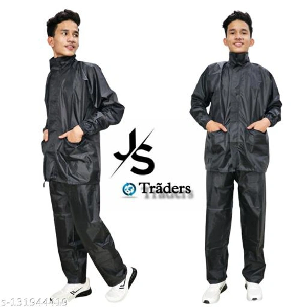 Js trader's Men's Stylish Rainsuit/Rainwear/Raincoat/Barsaticoat 100% Waterproof Along With Hood and Side Pocket With Storage Bag(Black Colour)&(Nevy Blue Colour) - Black, S