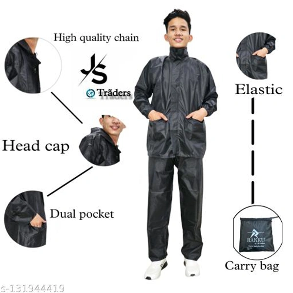 Js trader's Men's Stylish Rainsuit/Rainwear/Raincoat/Barsaticoat 100% Waterproof Along With Hood and Side Pocket With Storage Bag(Black Colour)&(Nevy Blue Colour) - Black, M