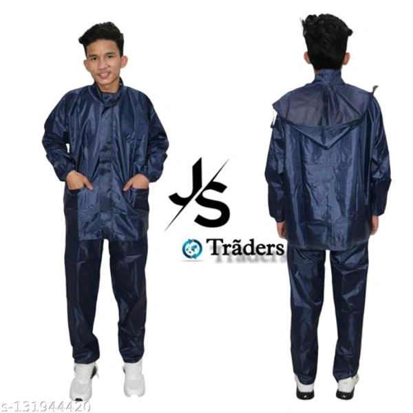 Js trader's Men's Stylish Rainsuit/Rainwear/Raincoat/Barsaticoat 100% Waterproof Along With Hood and Side Pocket With Storage Bag(Black Colour)&(Nevy Blue Colour) - Nevy Blue, L