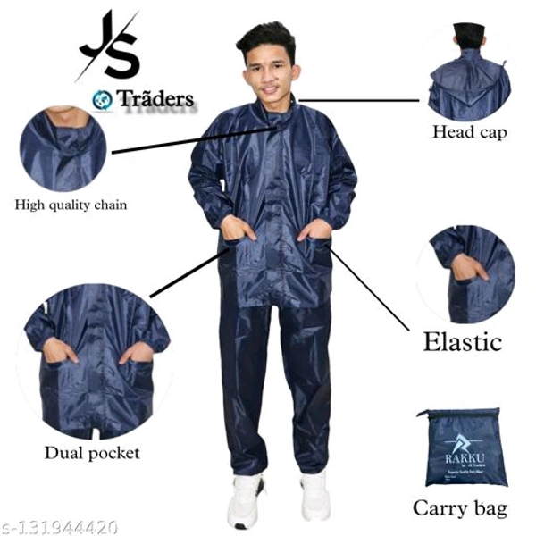 Js trader's Men's Stylish Rainsuit/Rainwear/Raincoat/Barsaticoat 100% Waterproof Along With Hood and Side Pocket With Storage Bag(Black Colour)&(Nevy Blue Colour) - Nevy Blue, L