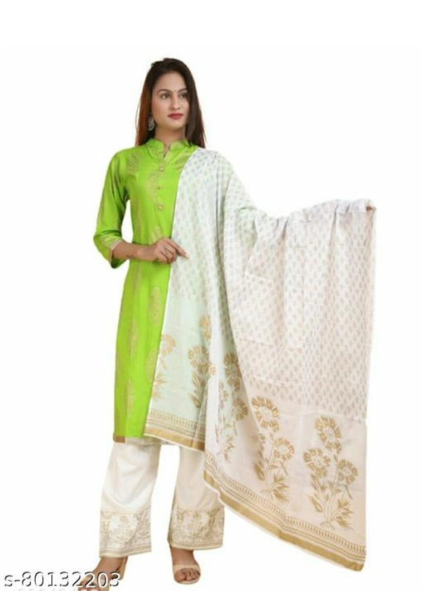 Rayon A - Line Trending Green Gold Printed Kurta With Plazzo And Dupata  - L