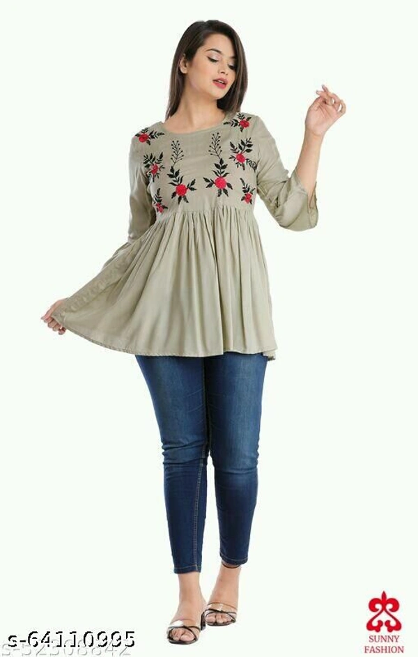 Krishnam Fashion Embroidered 3/4 Sleeves  Tunic/Top  for Women - Creamy, M