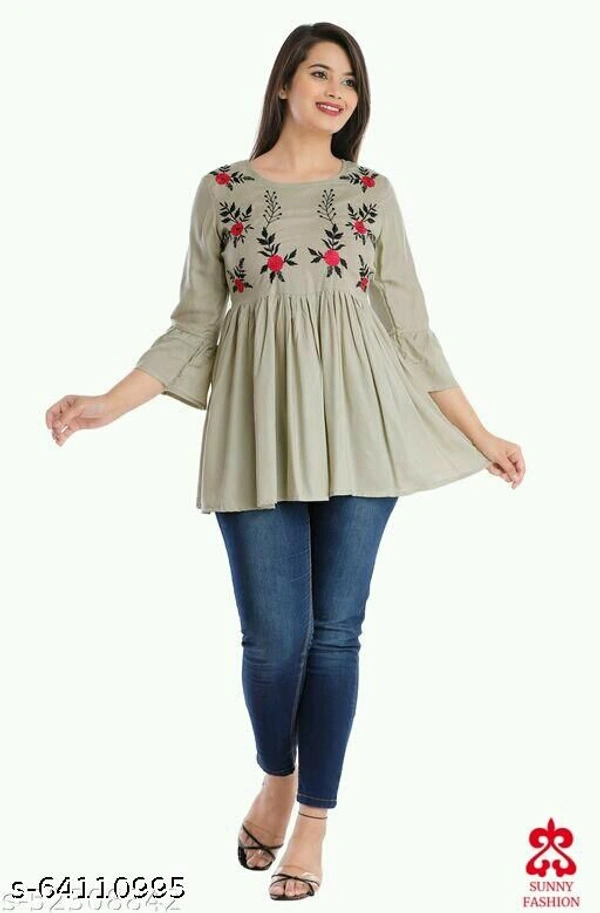 Krishnam Fashion Embroidered 3/4 Sleeves  Tunic/Top  for Women - Creamy, L