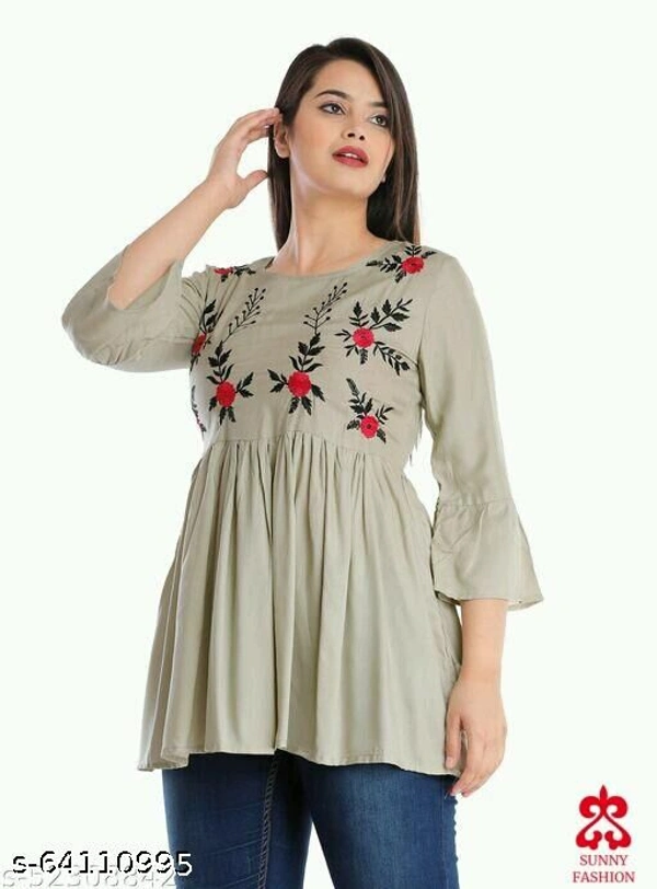 Krishnam Fashion Embroidered 3/4 Sleeves  Tunic/Top  for Women - Creamy, XL