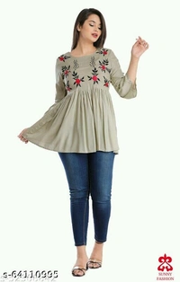 Krishnam Fashion Embroidered 3/4 Sleeves  Tunic/Top  for Women - Creamy, XL