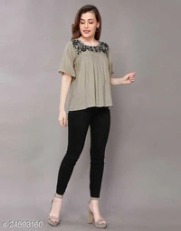 Women solid rayon fabric with embroider in yoke trending top - Creamy, S