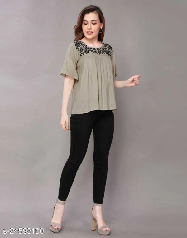 Women solid rayon fabric with embroider in yoke trending top - Creamy, S