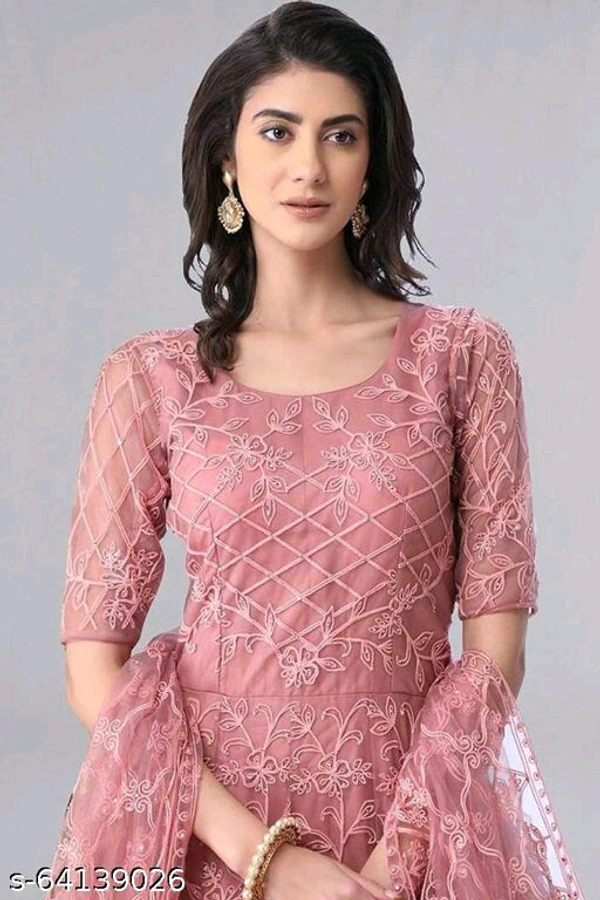 Embroidered Net Semi Stitched Anarkali Gown  (Peach) - Pink, Free Size
