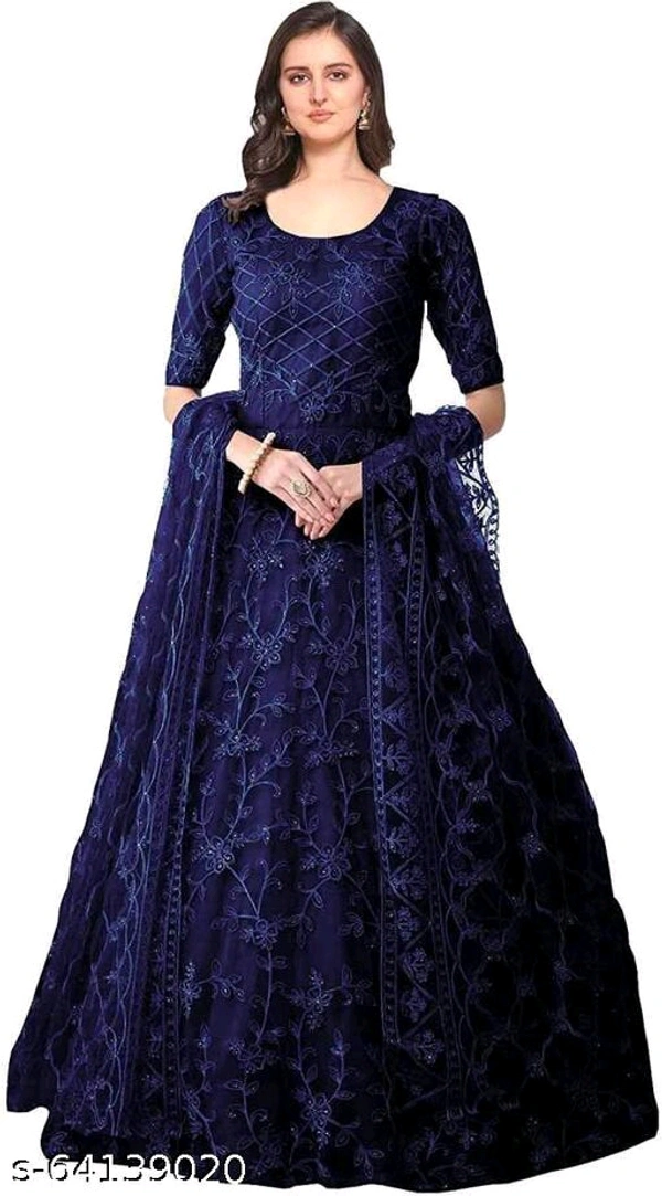 Embroidered Net Semi Stitched Anarkali Gown  (Peach) - Dark Blue, Free Size