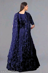Embroidered Net Semi Stitched Anarkali Gown  (Peach) - Dark Blue, Free Size