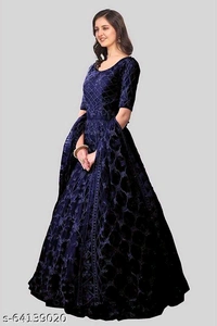 Embroidered Net Semi Stitched Anarkali Gown  (Peach) - Dark Blue, Free Size