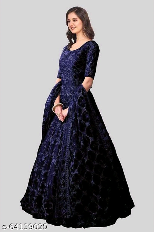 Embroidered Net Semi Stitched Anarkali Gown  (Peach) - Dark Blue, Free Size