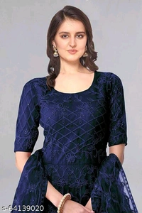 Embroidered Net Semi Stitched Anarkali Gown  (Peach) - Dark Blue, Free Size