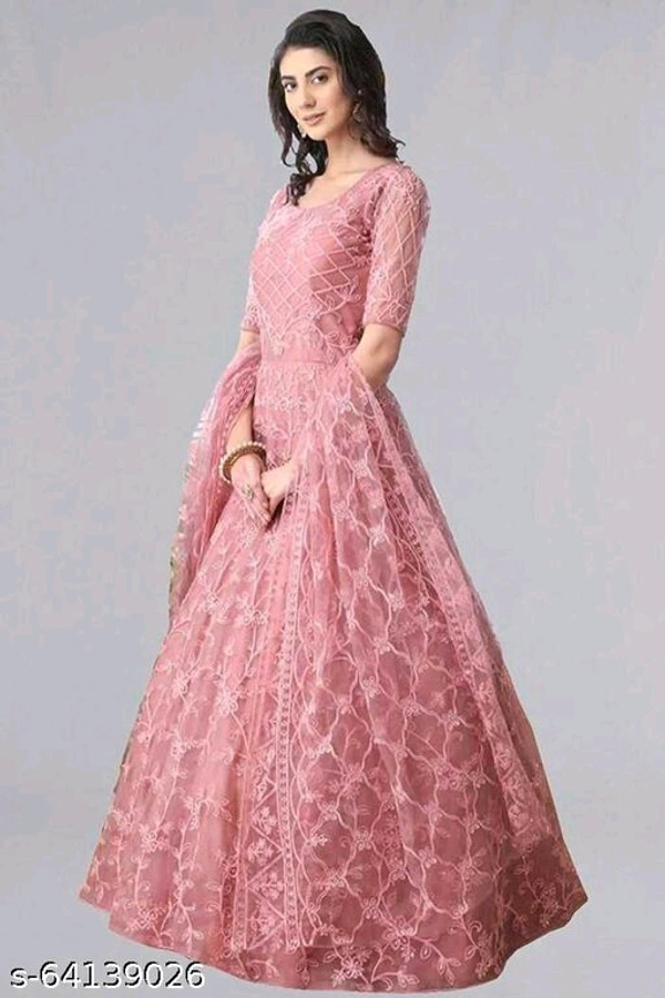 Embroidered Net Semi Stitched Anarkali Gown  (Peach) - purple, Free Size