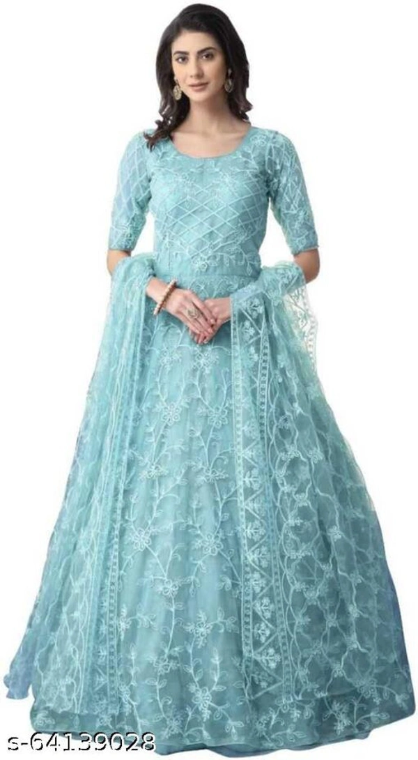Embroidered Net Semi Stitched Anarkali Gown  (Peach) - Light Blue, Free Size