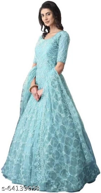 Embroidered Net Semi Stitched Anarkali Gown  (Peach) - Light Blue, Free Size