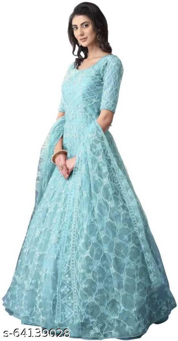 Embroidered Net Semi Stitched Anarkali Gown  (Peach) - Light Blue, Free Size
