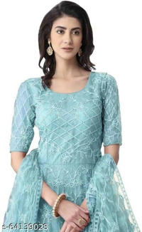 Embroidered Net Semi Stitched Anarkali Gown  (Peach) - Light Blue, Free Size