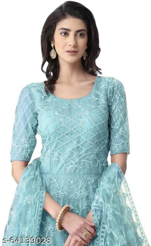 Embroidered Net Semi Stitched Anarkali Gown  (Peach) - Light Blue, Free Size