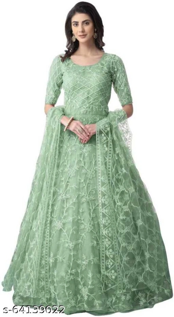 Embroidered Net Semi Stitched Anarkali Gown  (Peach) - Pista, Free Size