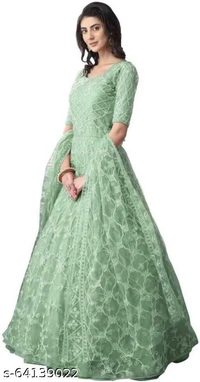 Embroidered Net Semi Stitched Anarkali Gown  (Peach) - Pista, Free Size