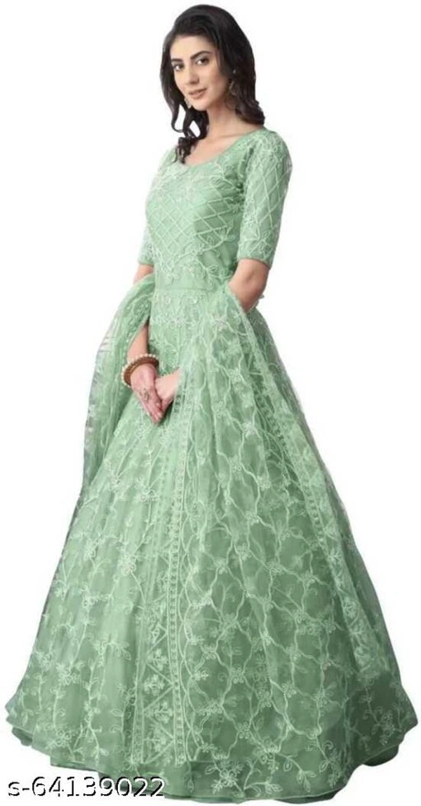 Embroidered Net Semi Stitched Anarkali Gown  (Peach) - Pista, Free Size