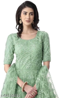 Embroidered Net Semi Stitched Anarkali Gown  (Peach) - Pista, Free Size