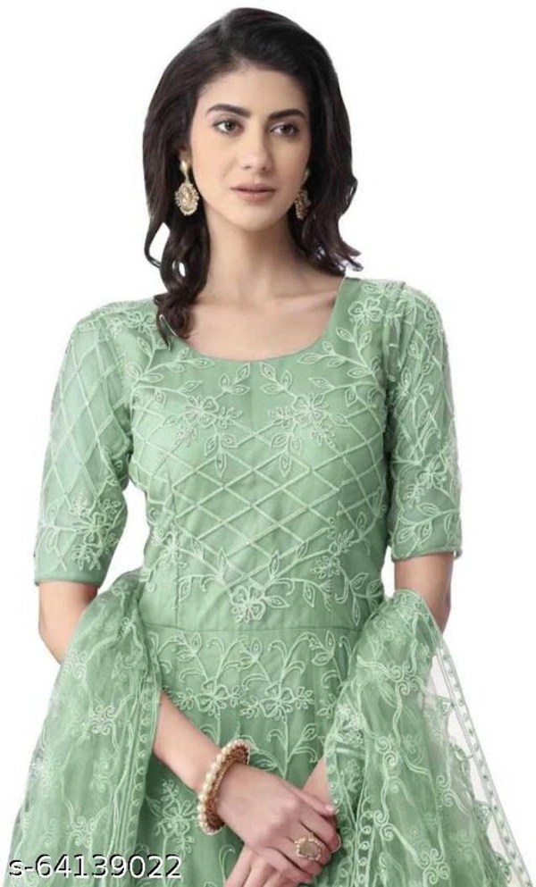 Embroidered Net Semi Stitched Anarkali Gown  (Peach) - Pista, Free Size