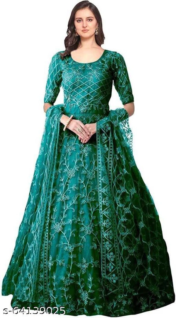 Embroidered Net Semi Stitched Anarkali Gown  (Peach) - Dark Green, Free Size