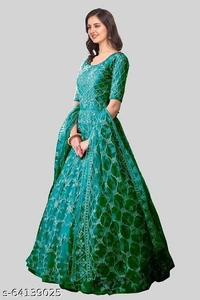 Embroidered Net Semi Stitched Anarkali Gown  (Peach) - Dark Green, Free Size
