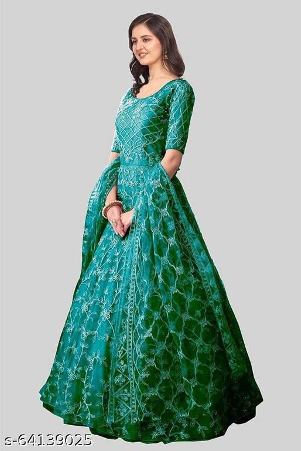 Embroidered Net Semi Stitched Anarkali Gown  (Peach) - Dark Green, Free Size