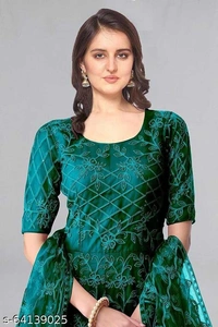 Embroidered Net Semi Stitched Anarkali Gown  (Peach) - Dark Green, Free Size