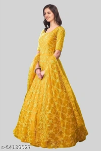 Embroidered Net Semi Stitched Anarkali Gown  (Peach) - yellow, Free Size